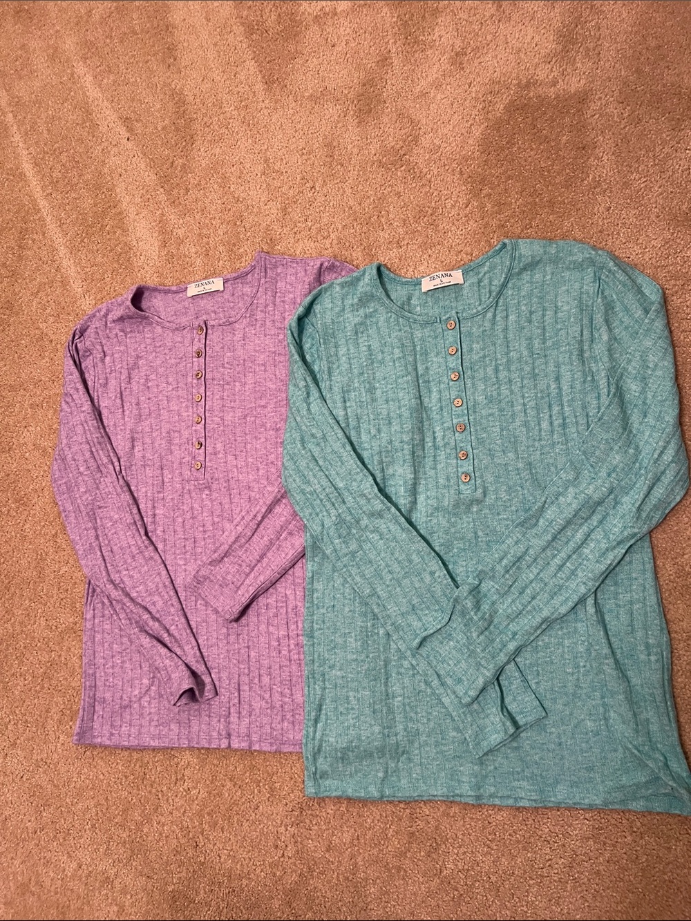 Zenana Outfitters Teal Ribbed Henley with Wood-Tone Buttons set of 2